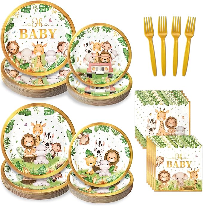 96 Pcs Safari Baby Shower Plates and Napkins Tableware Set (Serves 24), Plates Napkins and Forks Sets, Party Supplies, Jungle Safari Baby Shower Decorations