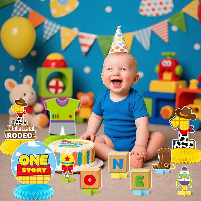 Boy Story Honeycomb Centerpieces - 12PCS Boy Story One My First Rodeo Birthday Party Honeycomb Centerpieces Boys 1st Party Table Decoration Boys Story 1st Table Topper for Birthday Party