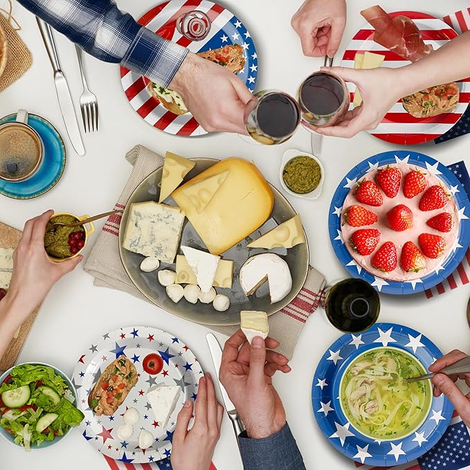 48Pcs 4th of July Plates, 4th of July Decorations American Flag Patriotic Party Supplies Disposable Paper Plates for Memorial Day Veterans Day Independence Day Party Decorations