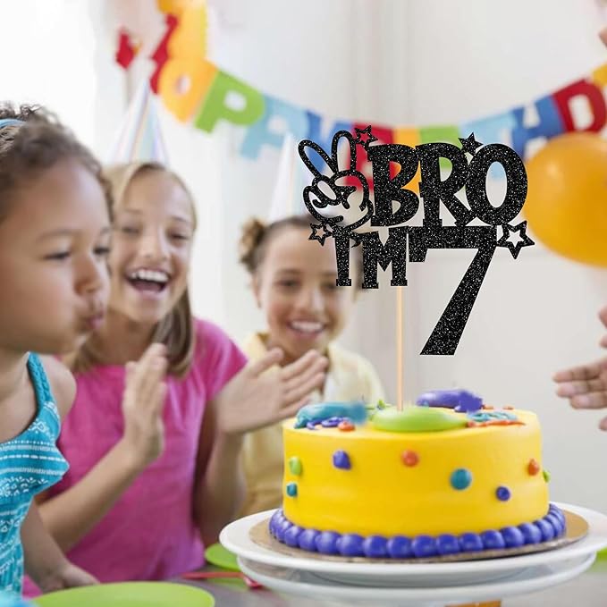 1 PCS Brother I'm 7 Cake Topper Glitter Star Happy 7th Birthday Cake Pick Bro I'm 7 Cake Decoration It's My 7th Birthday Decorations for Boys Cheers to 7 Years Old Birthday Party Supplies Black