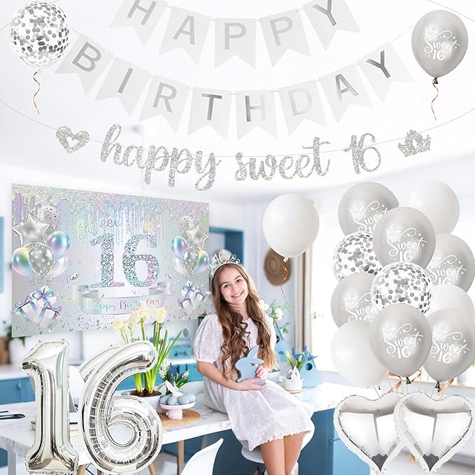 Sweet 16 Birthday Party Decorations for Girls - Colorful Silver 16th Happy Birthday Banner Heart Balloons Number 16, Photo Backdrop Crown Sash Party Supplies for Sixteen Years Old