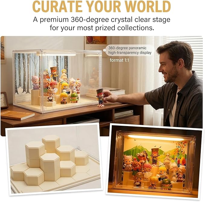 Transparent Acrylic Collectible Display Box with LED Lights, DIY Scene, with Background, dust-Proof and Moisture-Proof, for Figure Model Collection Display Cabinet (27x22x27cm/10.6x8.7x10.6in) (Large)