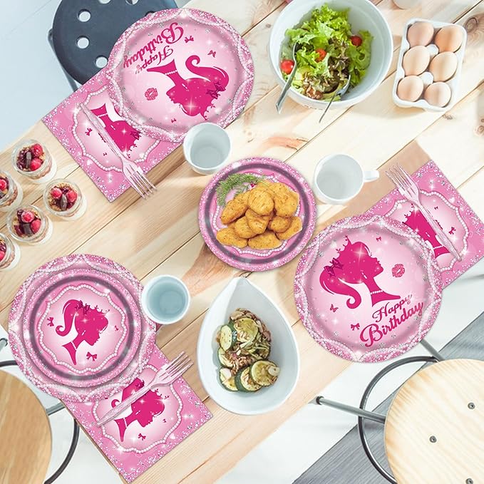 96PCS Pink Girl Plates and Napkins Tableware Set Pink Girl Party Supplies Pink Girl Birthday Party Decorations Pink Princess Theme Party Dinnerware Set Pink Girl Paper Plates Napkins Forks Serve 24