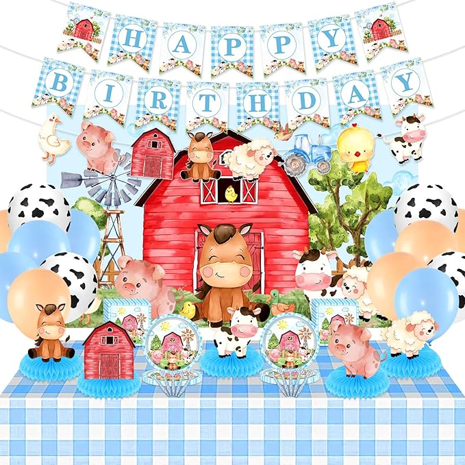 Blue Farm Animals Birthday Party Supplies for Boys Tableware Set Decorations Includes Backdrop Balloons Plates Napkins Forks Banner Honeycomb Centerpieces Tractor Baby Shower Decor
