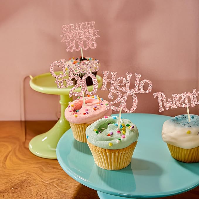 Ephlyn 24Pcs Happy 20th Birthday Cupcake Toppers Glitter Cupcake Picks Hello 20 Cheers to 20 Years Cake Decorations for 20th Birthday Anniversary Party Decorations Supplies Rose Gold