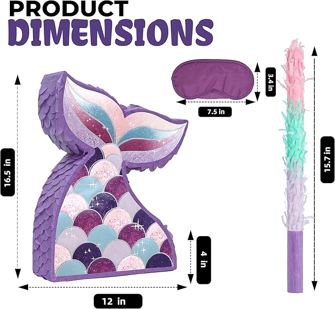 Mermaid Tail Pinatas Bundle with a Blindfold and a Bat (16.5 x 12 x 4 Inches), Perfect for kid's Birthday Parties, Mermaid Theme Parties for Girls, Decorations
