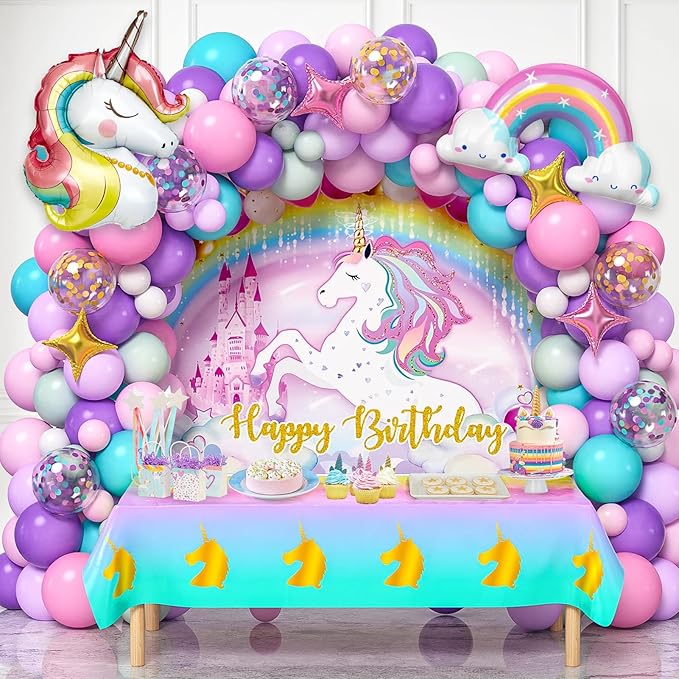 Winrayk 144Pcs Purple Unicorn Party Decorations Birthday Supplies for Girls, Purple Pink Blue Balloon Arch Kit with Backdrop Tablecloth Foil Balloons, Kids Rainbow Unicorn Themed Birthday Decorations