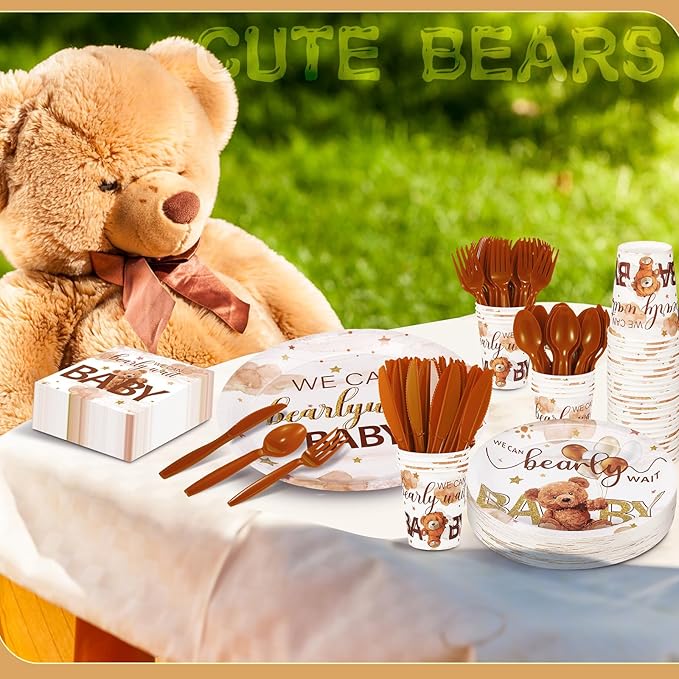 Dandat 350 Pcs Baby Shower Plates Set Baby Shower Party Supplies Serves 50 Tableware Sets Include Plates Napkin Cup Forks Knives Spoons Disposable Dinnerware(Bear,Brown)
