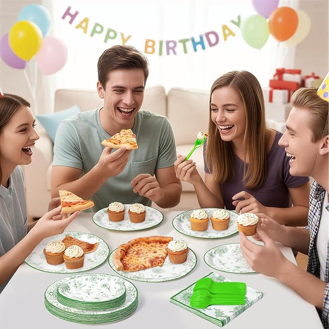 96Pcs Sage Green Floral Party Plates Supplies Green White Flower Wildflower Tableware Decorations Disposable Paper Plates Napkins Forks for Birthday Spring Summer Party Wedding, Serves 24