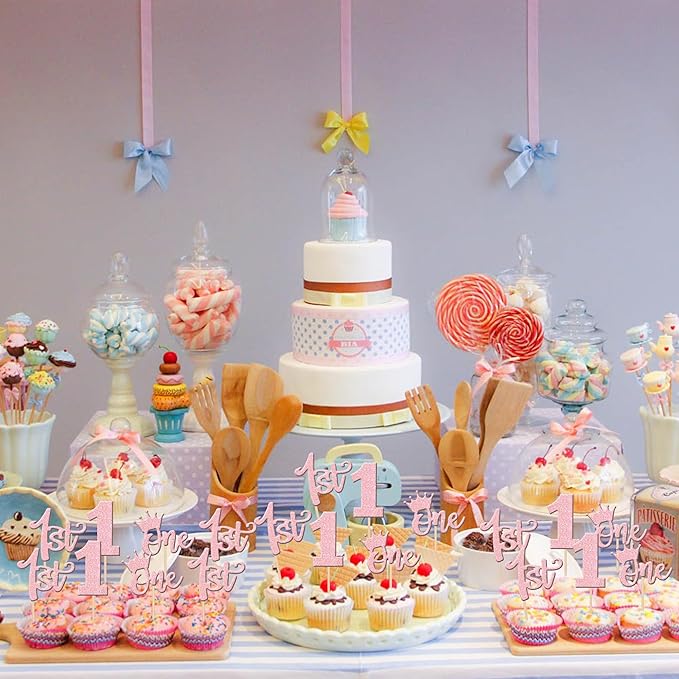 Wild One 24 PCS Glitter Cupcake Toppers - 1st Birthday Crowns & Decorations for Kids Party, Boho Theme, Light Pink