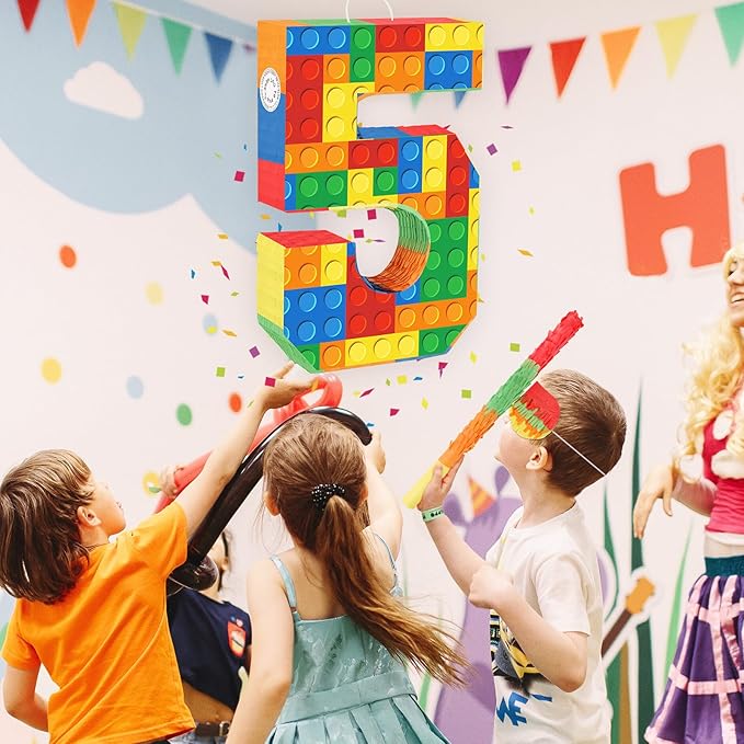 Building Blocks 5th Birthday Party Decorations Number 5 Pinata with Pinata Stick & Blindfold for Kids Girls Boys Happy Birthday Building Block Theme Party Supplies Carnival Games
