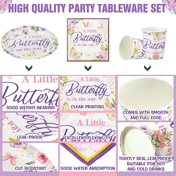 200 Pcs Butterfly Baby Shower Paper Plates Napkins Cups Girl Shower Party Supplies Tableware Set Purple Disposable Cup Napkin for 50 Guest Girls Spring Party Decoration