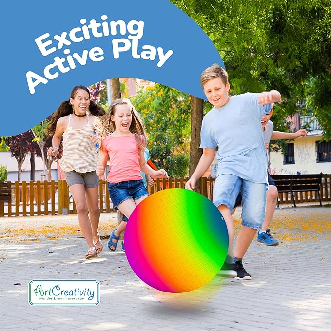 ArtCreativity Rainbow Playground Ball for Kids with Hand Pump, Bouncy 18 Inch Rubber Kick Ball for Backyard, Park & Beach Outdoor Fun, Beautiful Rainbow Colors, Durable Outdoor Toys for Boys & Girls
