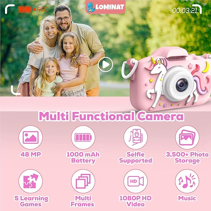 Unicorn Kids Camera for Girls Age 3-12, Selfie Camera for Girls, 1080P HD Kids Video Camera – Christmas Birthday Gift for 3 4 5 6 7 8 Year Old, Toy Digital Camera for Toddlers with 32GB SD Card – Pink