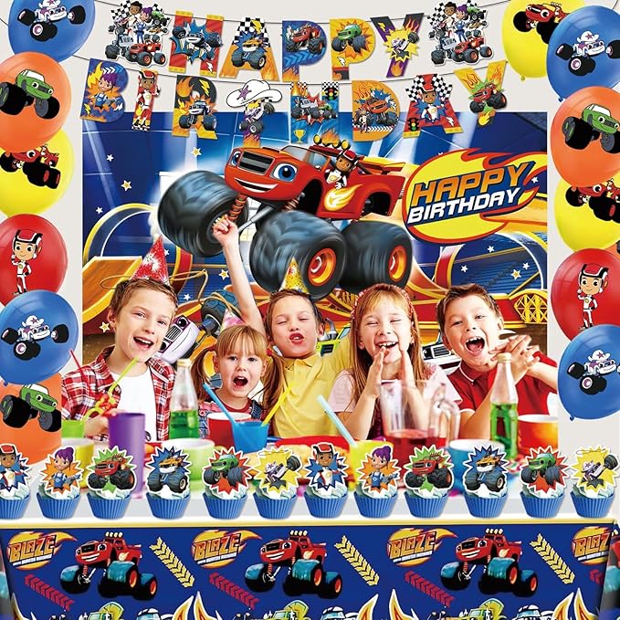 121 Pcs Monster Truck Birthday Party Supplies,Included Banner,Backdrop,Tablecloth,Plates,Balloon,Racing Car Tableware Set for Boy Truck Party Decorations