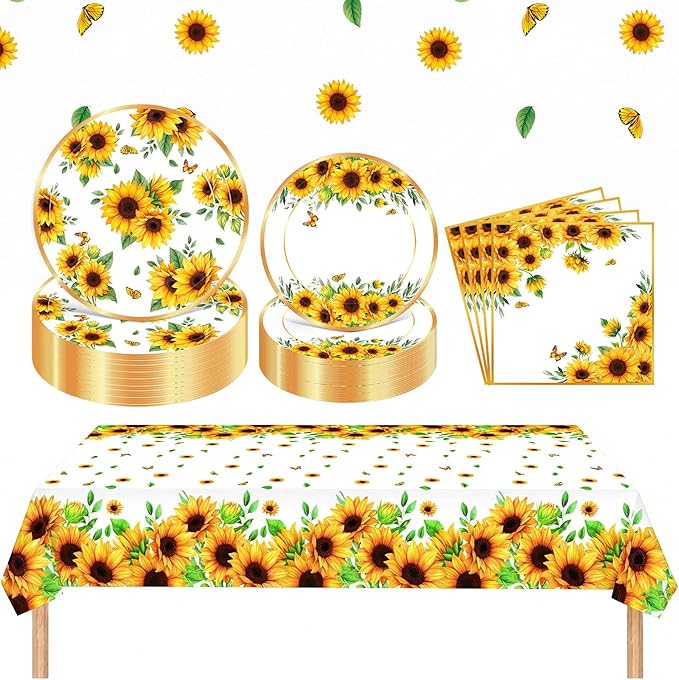 Zhehao 101 Pcs Sunflower Party Tableware Set Yellow Floral Party Supplies Includes 50 Paper Plates, 50 Napkins and 1 Tablecloth for Birthday Wedding Bridal Shower Baby Shower Decorations