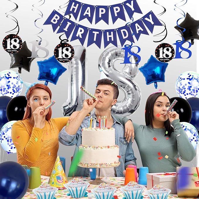 18th Birthday Decorations for Boys and Girls Dark Blue, HAPPY BIRTHDAY Banner Silver Number 18 Balloons, Deep Blue Theme Party for Him - 18 Years Old Birthday Party Supplies Kit for Her