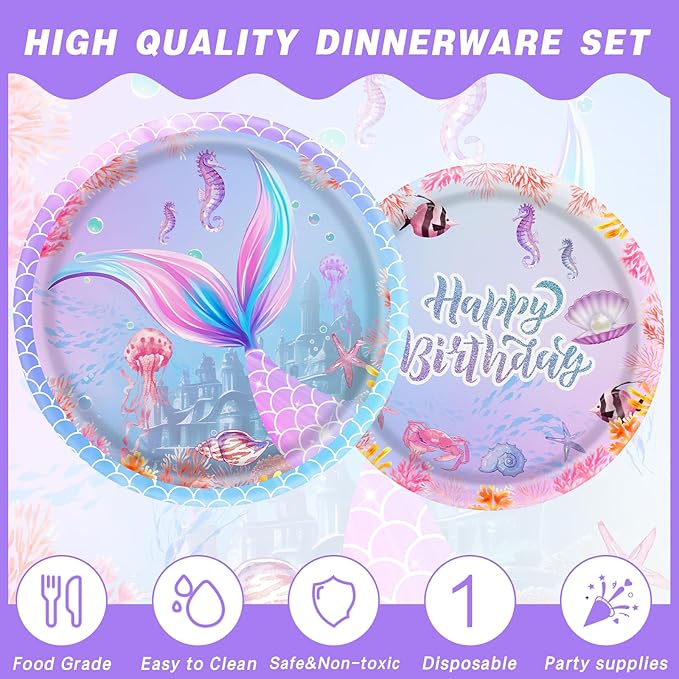 140pcs Mermaid Birthday Party Decorations Set Mermaid Party Supplies Includes Plates, Napkin, Fork, Cup Baby Shower Ocean Birthday Party Decorations, Serves 20