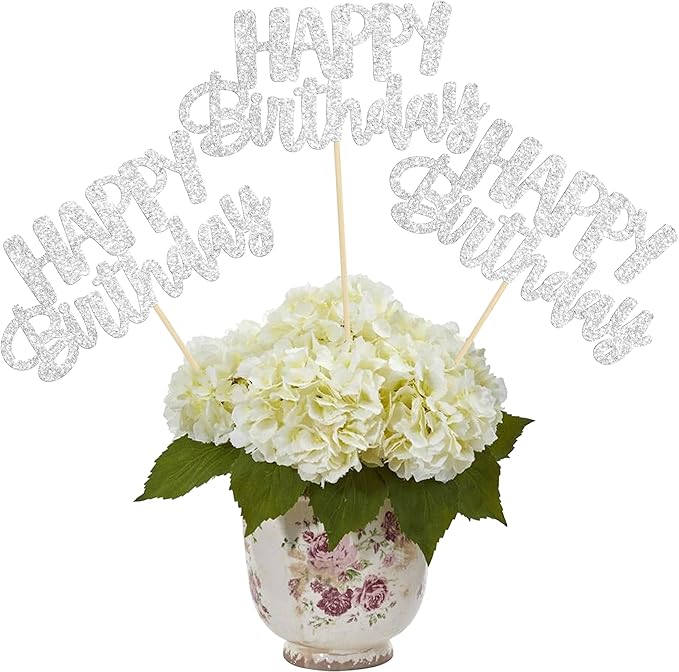 Gyufise 12Pcs Happy Birthday Centerpieces Sticks Double Sided Glitter Birthday Party Decorations Anniversary Table Flower Centerpiece for Celebrating Party Supplies Silver