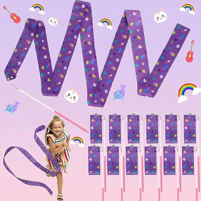 12 Pcs Cat House Party Favors Ribbon Dancing Wands Gymnastics Ribbons Sticks Dance Streamers Dance Twirling Sticks for Girls Birthday Party Favors Supplies Goody Bag Stuffers Gifts
