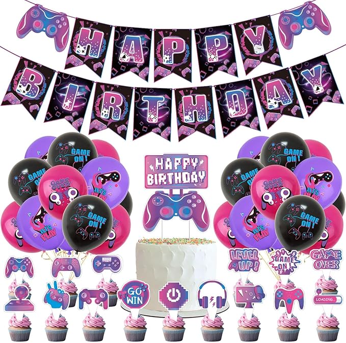 Video Game Birthday Party Decoration Set, Purple Game Birthday Party Supplies, Includes Banner Balloon Cake Decoration