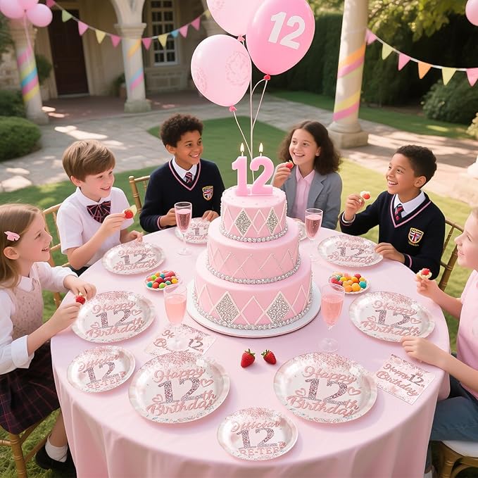 Grencian 12th Birthday Decorations Rose Gold 12th Birthday Plates and Napkins Disposable Rose Gold Official 12 Pre-Teen Paper Tableware Set for Girls 12 Year Old Party Supplies, Serves 24