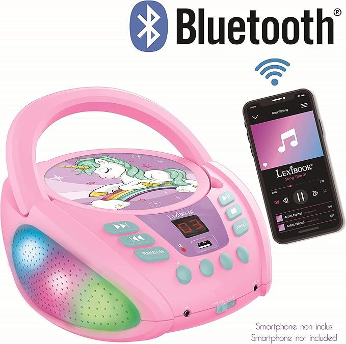 Lexibook Unicorn - Bluetooth CD Player for Kids – Portable, Multicoloured Light Effects, Microphone Jack, Aux-in Jack, AC or Battery-Operated, Girls, Boys, Pink, RCD109UNI