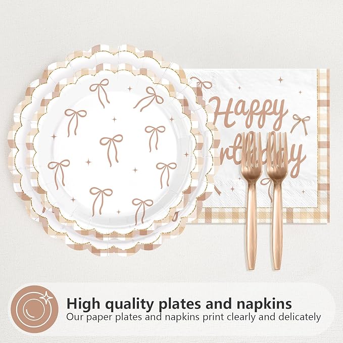 96 Pcs Brown Bow Birthday Party Decorations Disposable Brown Plaid Paper Plates and Napkins Vintage Bow Tableware Set for Boys Girls Birthday Party Baby Shower Supplies, Serves 24