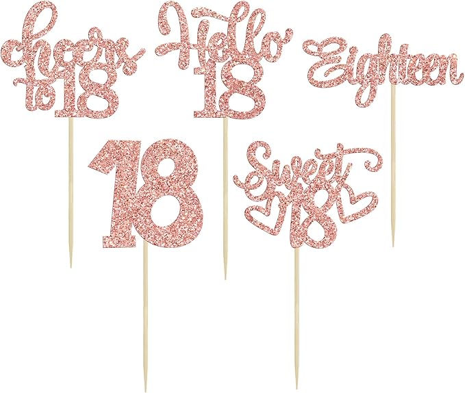 30Pcs18th Birthday Cupcake Toppers Eighteen Happy 18th Cupcake Picks Sweet 18 Cheers to 18 Cake Decorations for 18th Birthday Anniversary Party Supplies Rose Gold Glitter