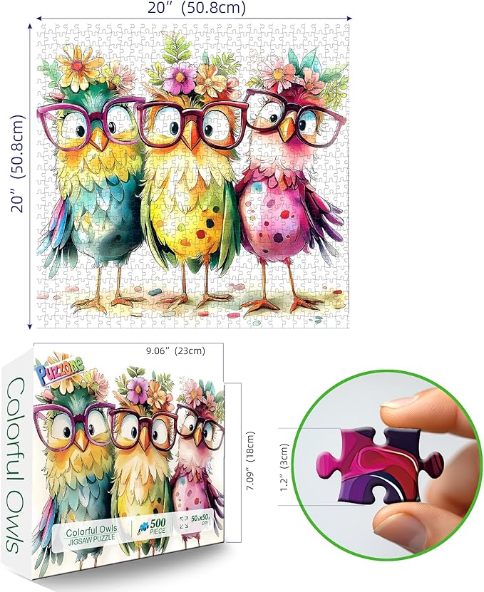 Colorful Owls 500 Piece Jigsaw Puzzle for Adults Cute Cartoon Birds Art Puzzle Family Fun Puzzle with with Letters on Back Challenging Puzzle for Seniors, Home Decor (23''X15'')