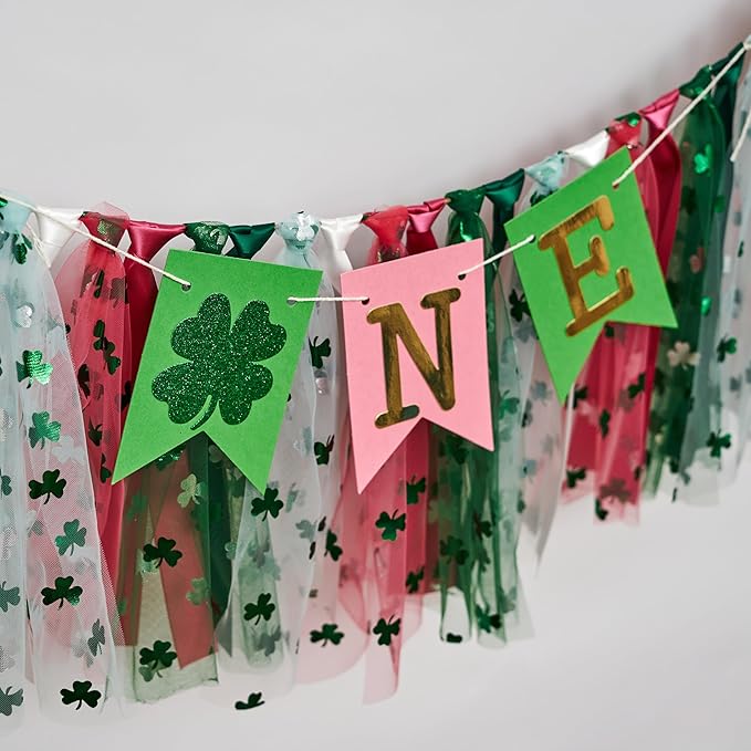 St. Patrick's Day High Chair Banner - Lucky One Birthday Party Supplies,Glitter Luck Shamrock Decorations,Four Leaf Clover First Birthday ONE Tutu Highchair Banner (lucky pink)