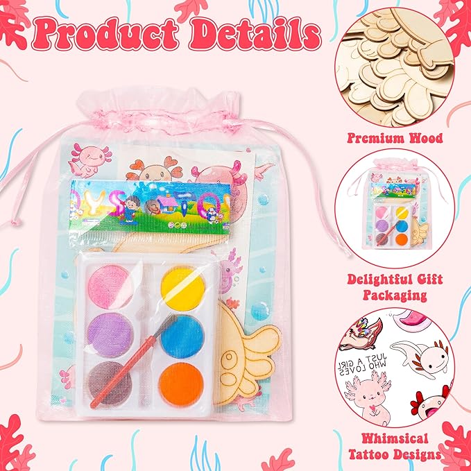 BeYumi Axolotl Party Favors Set - 24Pcs Axolotl Birthday Party Supplies Tattoo Stickers and Watercolor Paint Craft Kit Birthday School Classroom Goodie Bags Stuffers Prize Gifts for Kids Girls Toddler