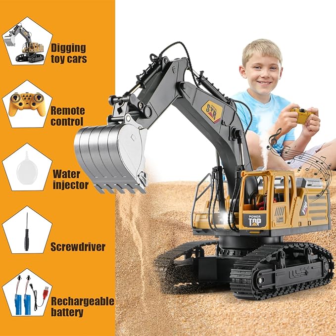 1:14 Remote Control Excavator Toys for Boys,14 Channel RC Digger Construction Toys Tractor,Simulated Smoke, Sound, Lighting, Metal Digging Head, for Boys 6 7 8 9 10 11 12