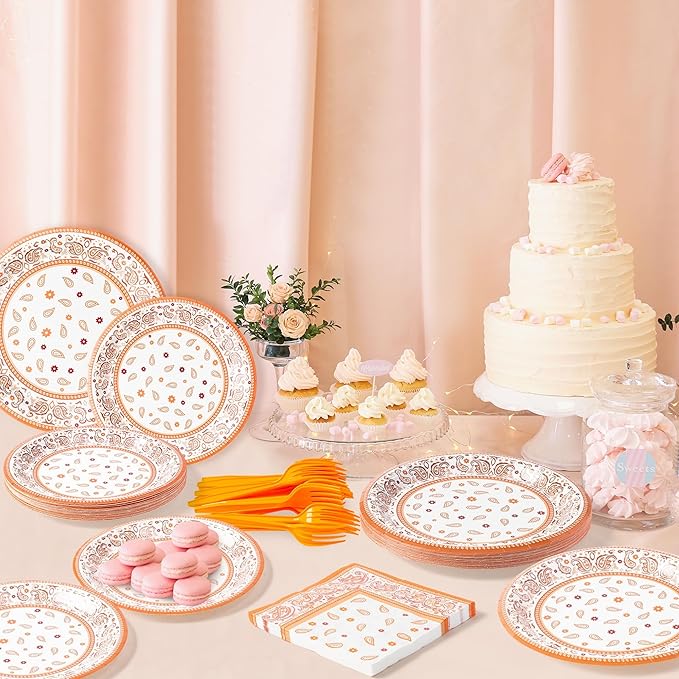K1tpde Fall Western Bandana Party Tableware - 96PCS Orange Bandana Paper Plates Set Included Paper Plate Napkin and Fork, Disposable Dinnerware for Adult Birthday Autumn Party Decor Supplies, 24 Guest