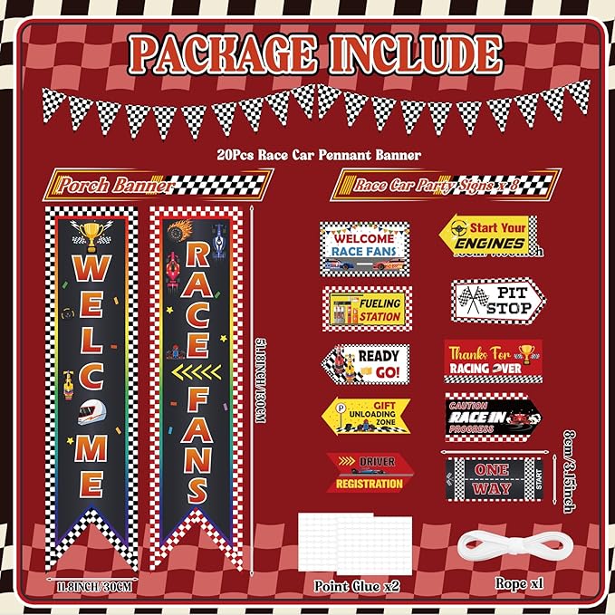 Race Car Birthday Party Decorations Race Car Hanging Banner Triangle Flag Welcome Race Fans Porch Yard Signs Decoration for Let's Go Racing Party Supplies Birthday Backdrop Photo Props Outdoor Decor
