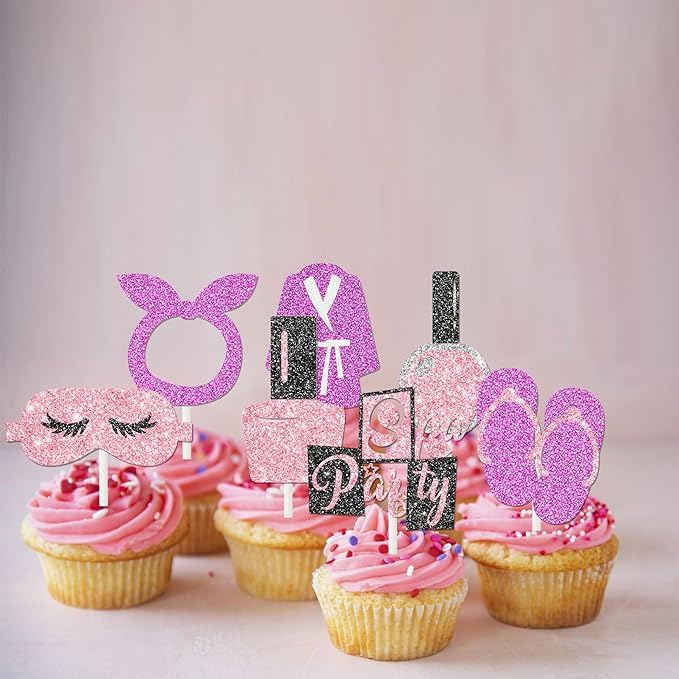 Spa Cupcake Topper Glitter Makeup Themed Birthday Cupcake Decorations 24Pcs Spa Party Cupcake Picks Spa Day Mask Slumber Cake Decor for Makeover Mask Sleepover Birthday Party Supplies