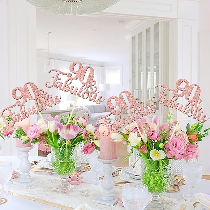 12 PCS 90 and Fabulous Centerpiece Sticks Double Sided Happy 90th Birthday Table Flower Centerpieces Sticks Cheers to 90 Floral Decorations for 90th Birthday Anniversary Party Supplies Rose Gold
