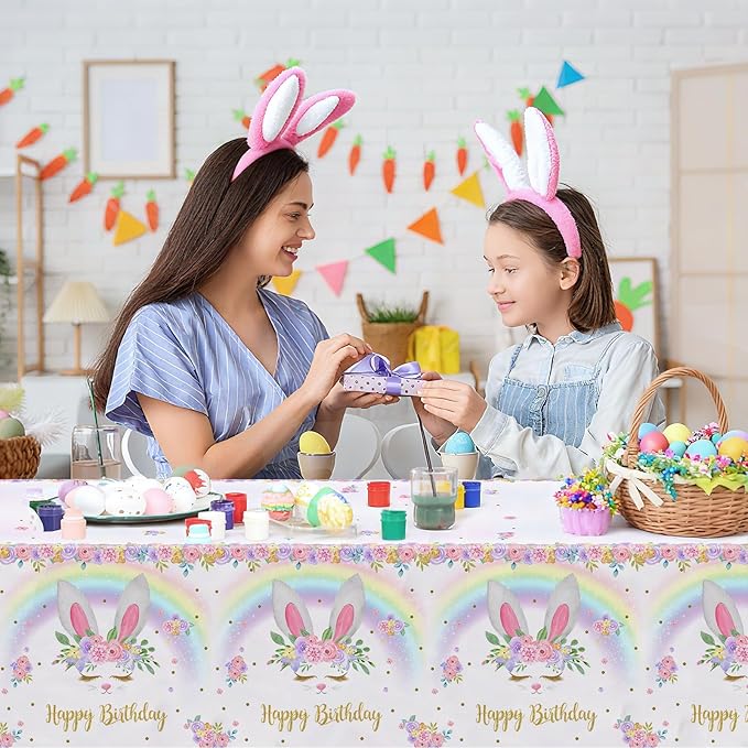 MEHOFOND 3 Pack Bunny Birthday Tablecloth, Disposable Plasticable Easter Table Cloth 54x108 inch, Rainbow Bunny Birthday Party Supplies Spring Easter Table Cover for Party Decor