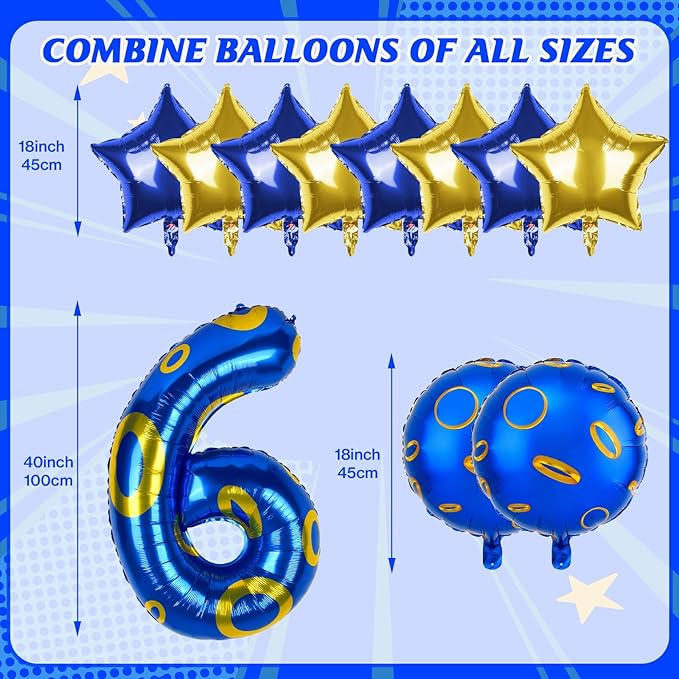 40 Inch Blue and Golden Ring Themed Number Balloon, Number Block Foil Number 6 Balloons Large Big Numbers Helium Balloon for Girls Boys 6th Birthday Theme Party Decorations (Number 6)