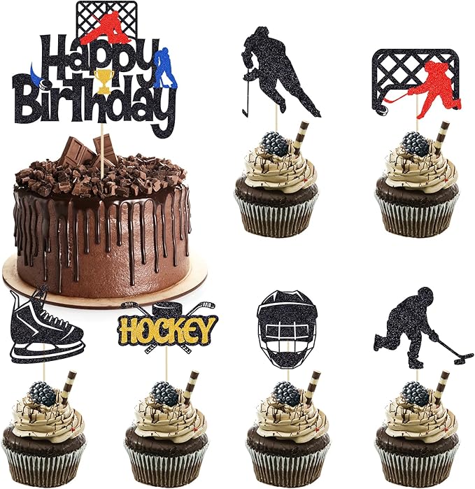 Hockey Birthday Cake Topper - 25PCS Happy Party Cake Decorations with Hockey Player Sports Theme Cupcake Toppers & Picks