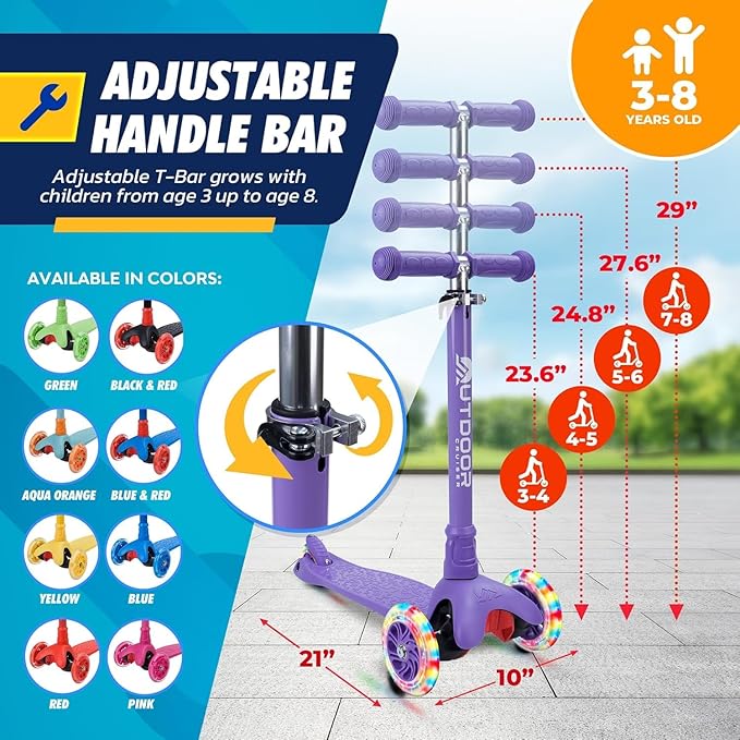 Outdoor Cruiser 3-wheel Kids Scooter – With Lean-to-steer Technology, Wide Deck, Led Lighted Wheel, 4-level Adjustable Height T-bar Handle, Support Kid Up to 150 Lbs, for Boys & Girls Ages 3-8, Purple