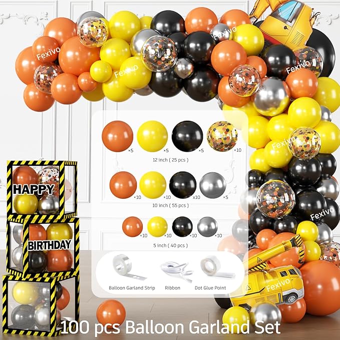 287Pcs Construction Birthday Party Supplies, 25 Construction Theme Tableware, All-in-1 Pack Includes Backdrop Tablecloth Balloon Boxes Balloon Kit for Construction Birthday Decorations