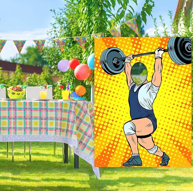 Weight Lifting Banner Pretend Play Party Backdrop Large Weightlifter Face Sports Workout Gym Fitness Theme Decor Decorations for Boys Men Home Gym Party Cross Fit Party Birthday Party Supplies Gift