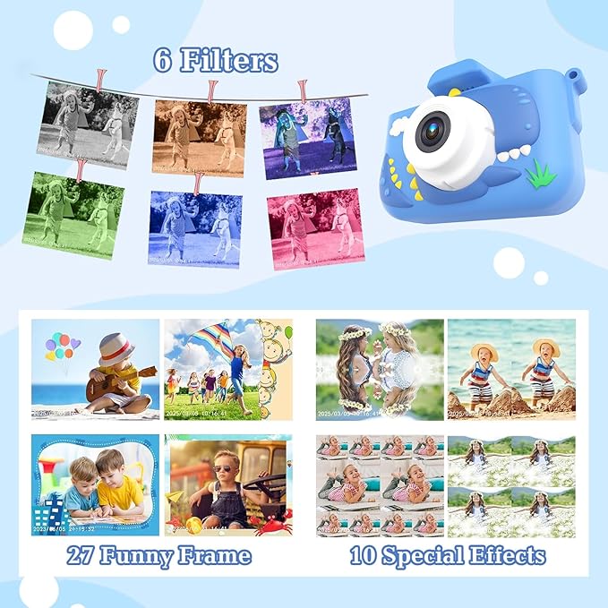 Kids Camera for 3-9 Year Old Boys Girls, Children Digital Camera with Cute Cartoon Soft Cover & 32GB SD Card, Best Christmas Birthday Gifts for Grandkids, Halloween Party Favors for Kids - Blue