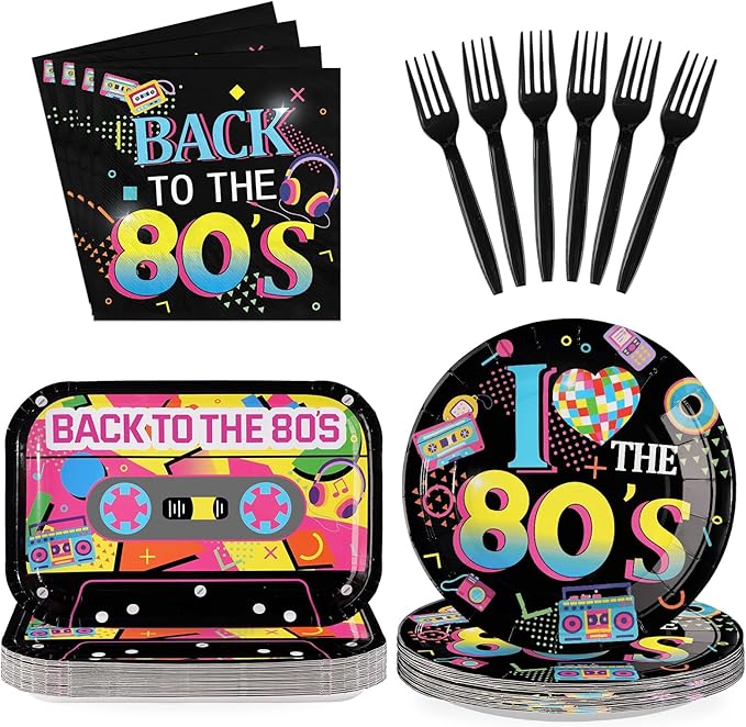 96Pcs 80s Party Decorations Back to The 80's Theme Plates and Napkins Tableware Sets Retro Colorful Hip Hop Decorations for Birthday Wedding Anniversary 1980's Party Supplies Serves 24