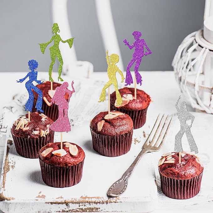 24 PCS 70's Disco Cupcake Toppers & Picks - Glittering Cupcake Decorations for Disco Music Theme Birthday Party Cake Decorations Supplies - Colorful