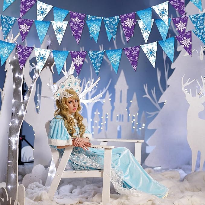HESTYA 49 ft Winter Party Decoration Snowflake Triangle Banners Snow Pennant Paper Flags for Winter Birthday Party Decoration Supplies