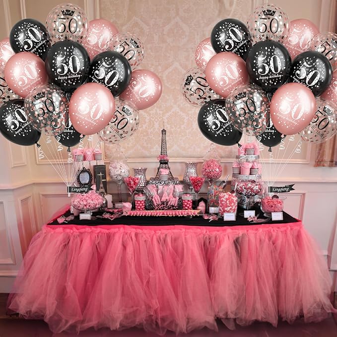 50th Birthday Decorations for Women, Pack of 15 Happy 50th Birthday Balloons Black Rose Gold Confetti Latex Helium Balloons for Her Age 50 Years Old 50th Birthday Party Decor Celebration Supplies