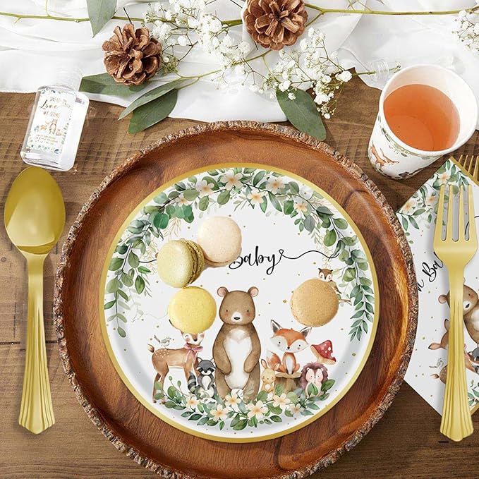Woodland Baby Shower Party Supplies - 350 Pcs Safari Jungle Animal Wild Animal Party Decorations Nature Sage Plates Napkin Cups Spoons Forks Knives Tableware Set, Serves 50 Guests