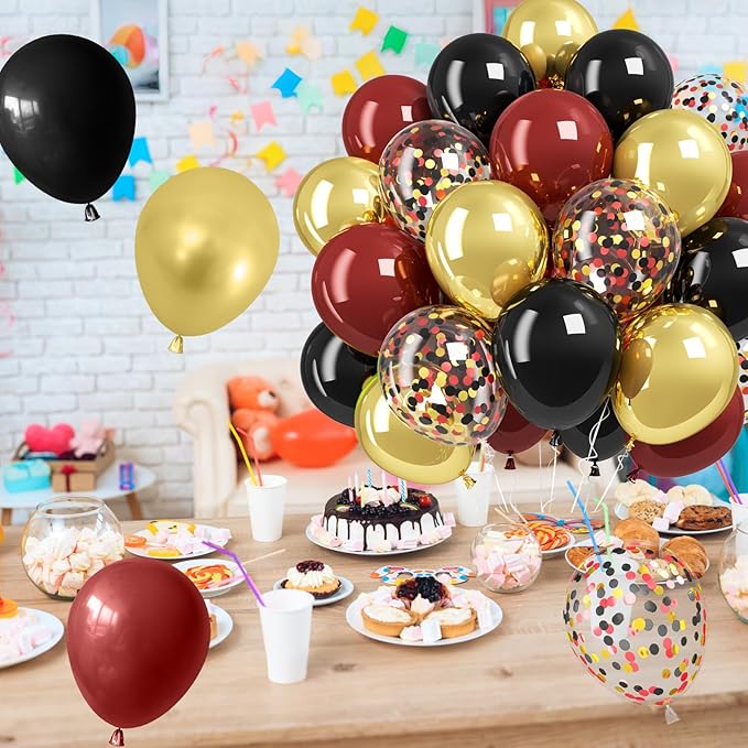 Black Burgundy Gold Balloons,12 Inch Metallic Gold Burgundy Maroon Red Black Latex Confetti Balloon for Kids Baby Shower Party Decoration